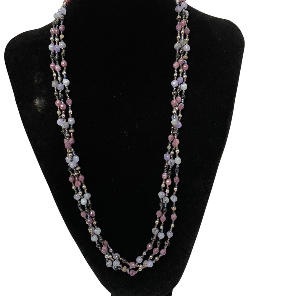 Multi-Strand Beaded Necklace W/ Purple & Blue Beads Silver Accents Lobster Clasp